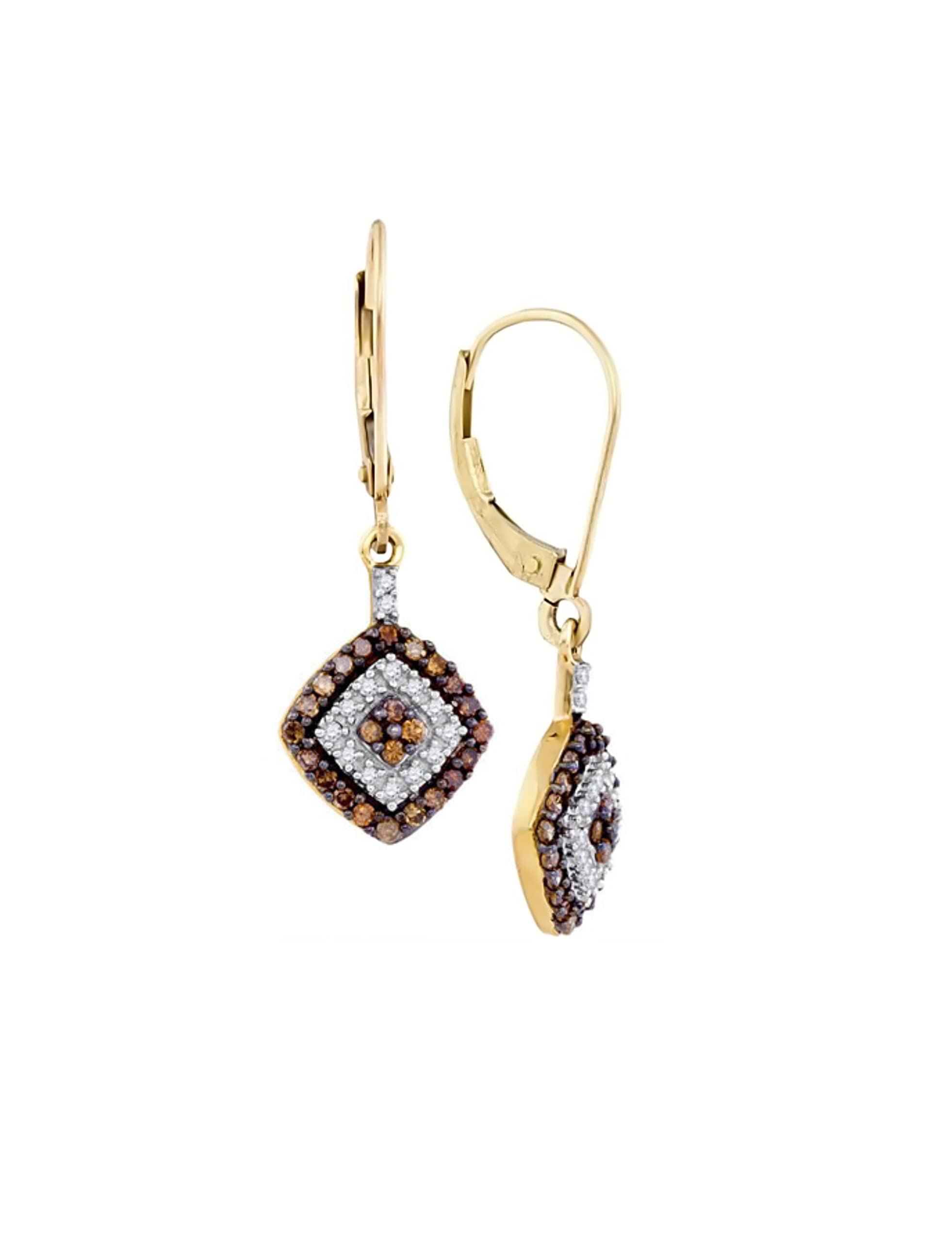 Brandy Diamond 10k Yellow Gold Chocolate Brown Diamond Sparkling Diamond Halo Dangle Earrings 1/2 Ctw.