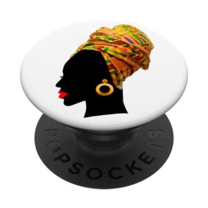 womens black woman kente african print multicolor head wrap popsockets popgrip: swappable grip for phones & tablets