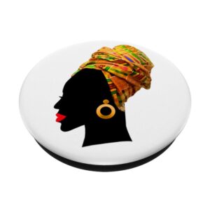 Womens Black Woman Kente African Print Multicolor Head Wrap PopSockets PopGrip: Swappable Grip for Phones & Tablets