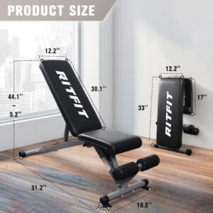 RitFit Adjustable/Foldable Utility Weight Bench for Home Gym, Weightlifting and Strength Training - Bonus Workout Poster with 35 Total Body Exercises（PWB01-2023 New Version）