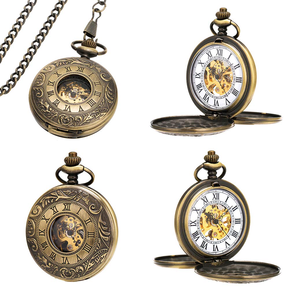 ManChDa Pocket Watch - Engraved Bronze Retro Vintage Double Hunter Series Skeleton Dial Delicate Mechanical Movement + Gift Box