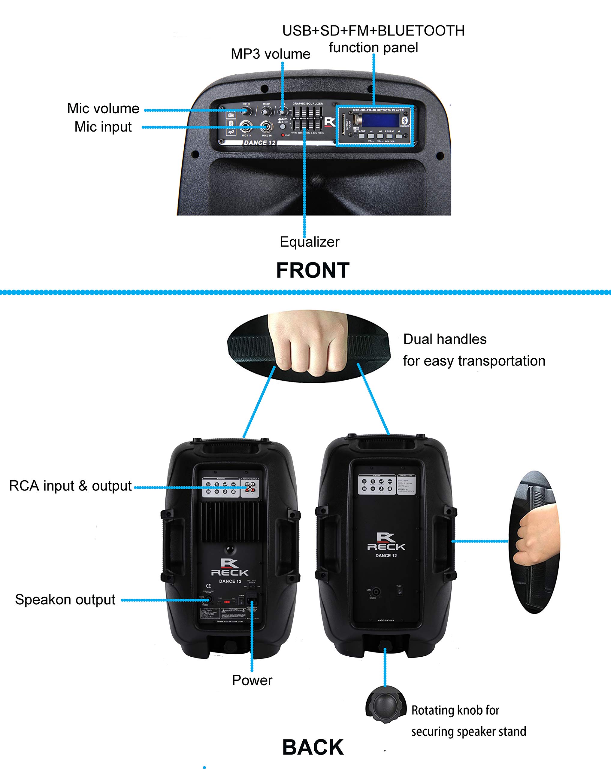 Proreck Dance 12 Portable 12-Inch 1000 Watts 2-Way Powered PA Speaker System Combo Set with Bluetooth/USB/SD Card Reader/FM Radio/Remote Control/Speaker Stand