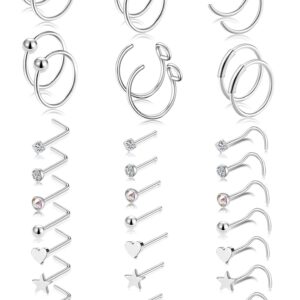 Tornito 20G 36Pcs Stainless Steel L Shaped Nose Ring CZ Nose Stud Retainer Labret Nose Piercing Jewelry (A0：36Pcs, Silver Tone) …