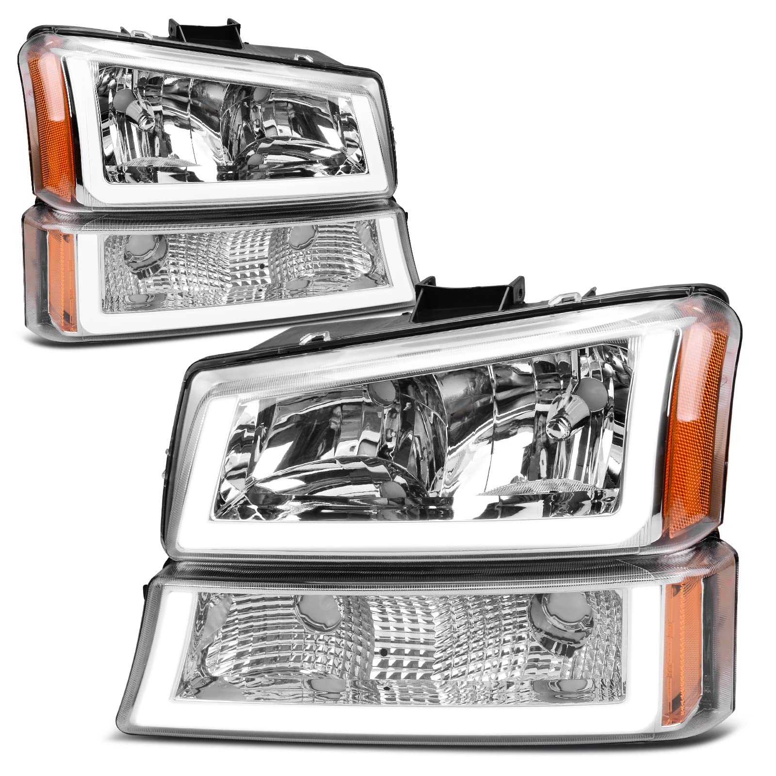 AUTOSAVER88 Headlight Assembly with LED DRL Compatible with 03-06 Chevy Avalanche Silverado 1500 1500HD 2500 2500HD 3500/2007 Silverado Classic Pickup Headlamp Chrome Housing with Turn Signal Lamp