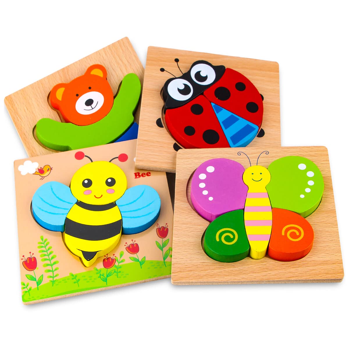 SKYFIELD Wooden Animal Puzzles for Toddlers 1 2 3 Years Old, Boys & Girls Educational Toys Gift with 4 Animal Patterns, Bright Vibrant Color Shapes, Customize Gift Box Ready