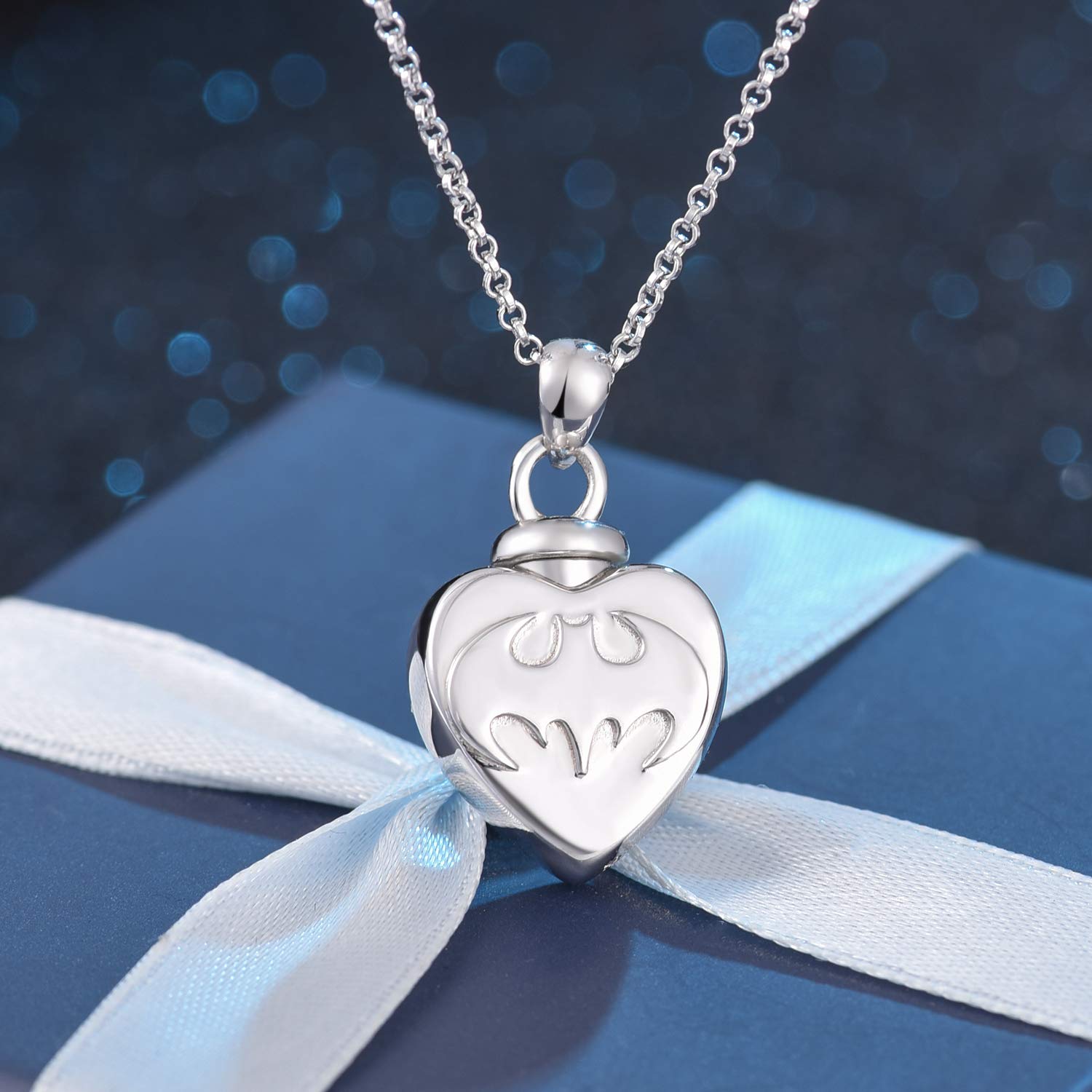 BEILIN 925 Sterling Silver Heart Cremation Jewelry Keepsake Urn Necklace for ashes : Forever in My Heart (bat)