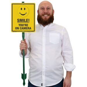 SmartSign 12 x 10 inch “Smile - You're On Camera” Yard Sign with 3 foot Stake, 40 mil Aluminum 3M Laminated Engineer Grade Reflective Material, Black and Yellow, Set of 1, Made in USA