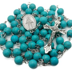 Nazareth Store Sky Blue Marble Stone Beads Rosary Turquoise Beaded Necklace Catholic Miraculous Medal & Jesus Cross