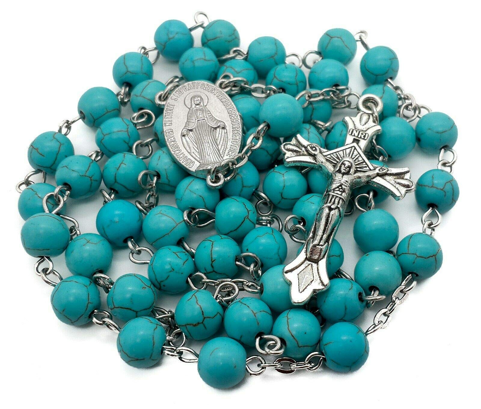 Nazareth Store Sky Blue Marble Stone Beads Rosary Turquoise Beaded Necklace Catholic Miraculous Medal & Jesus Cross