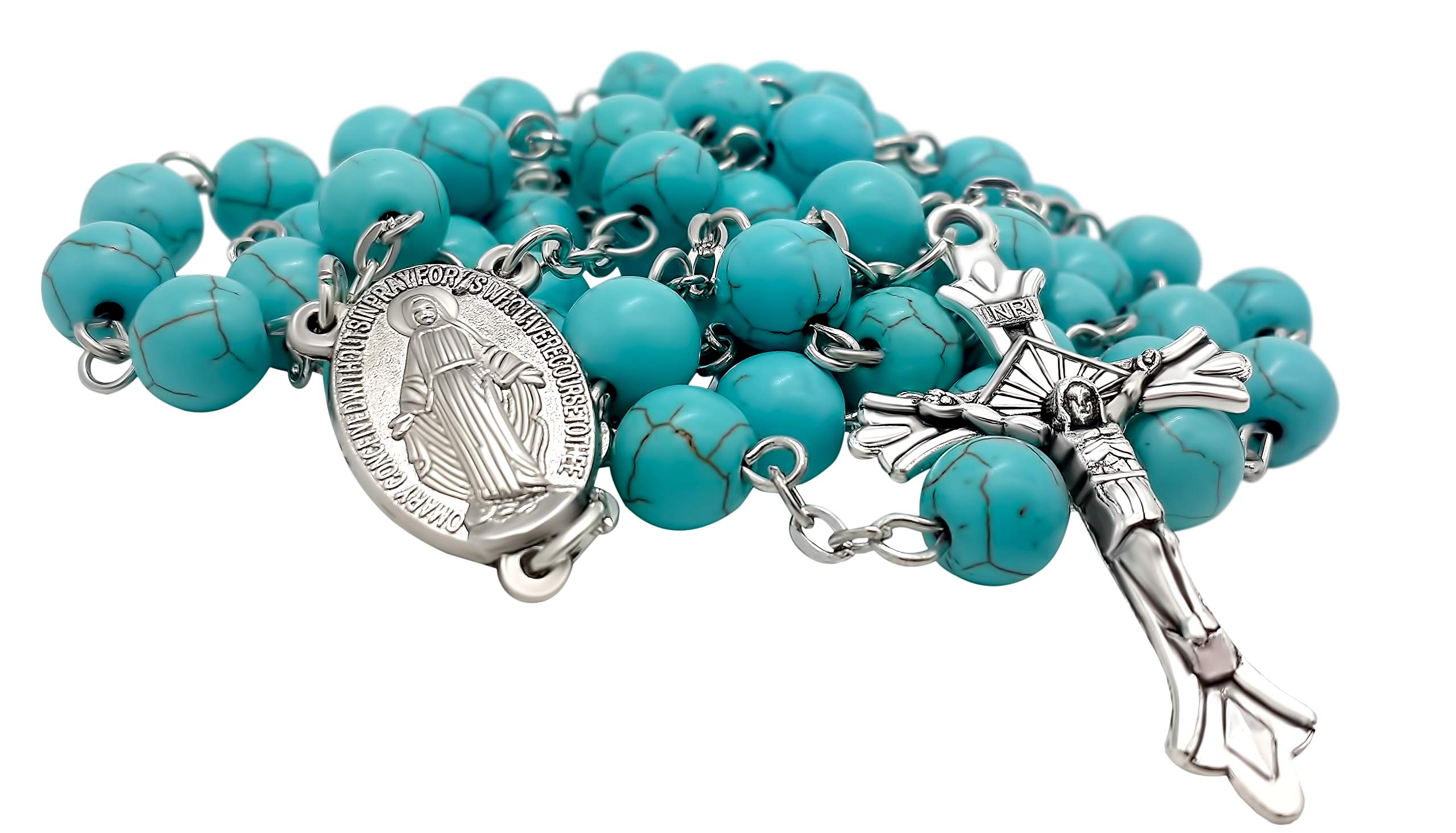 Nazareth Store Sky Blue Marble Stone Beads Rosary Turquoise Beaded Necklace Catholic Miraculous Medal & Jesus Cross