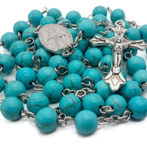 Nazareth Store Sky Blue Marble Stone Beads Rosary Turquoise Beaded Necklace Catholic Miraculous Medal & Jesus Cross