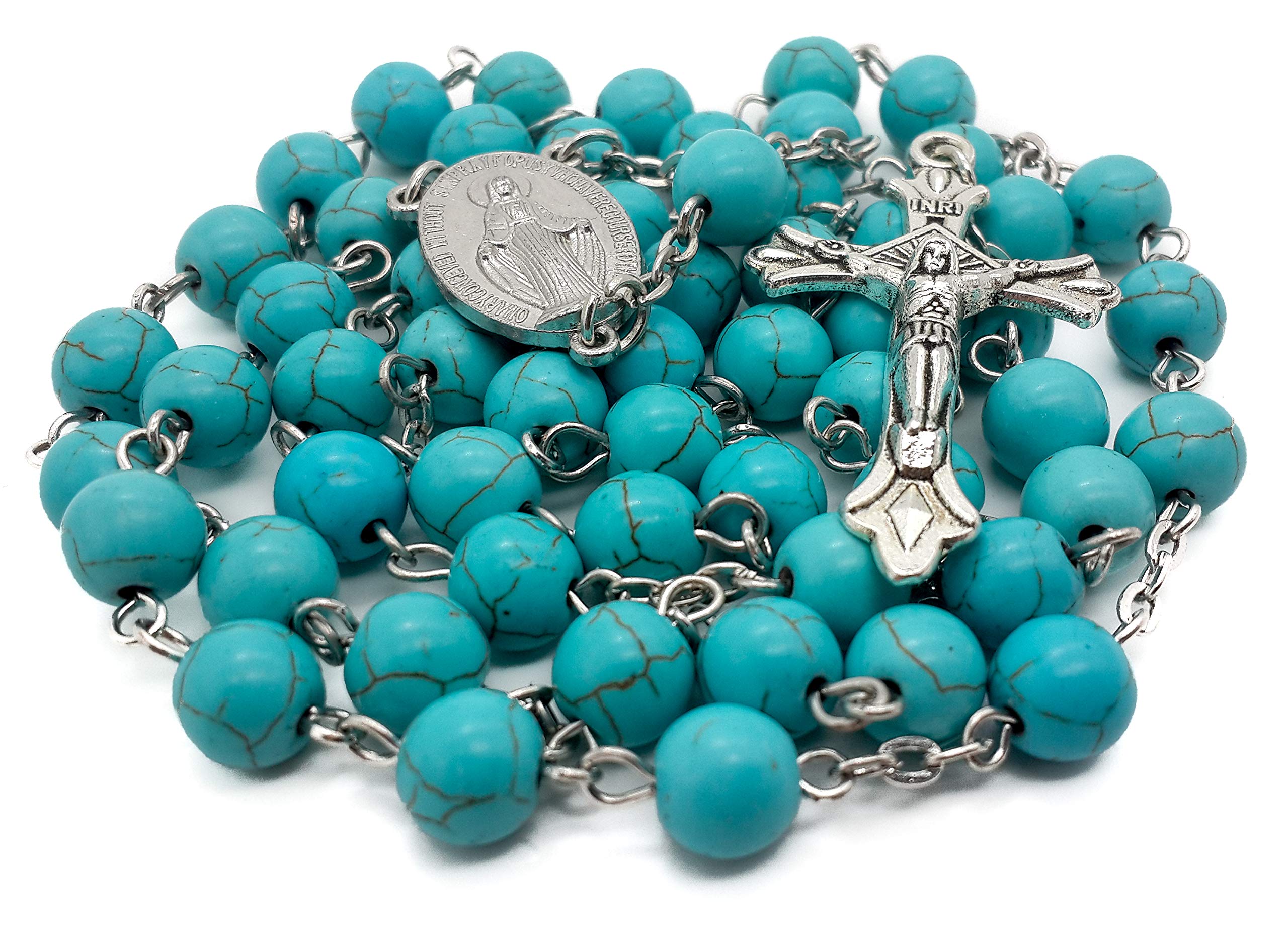 Nazareth Store Sky Blue Marble Stone Beads Rosary Turquoise Beaded Necklace Catholic Miraculous Medal & Jesus Cross