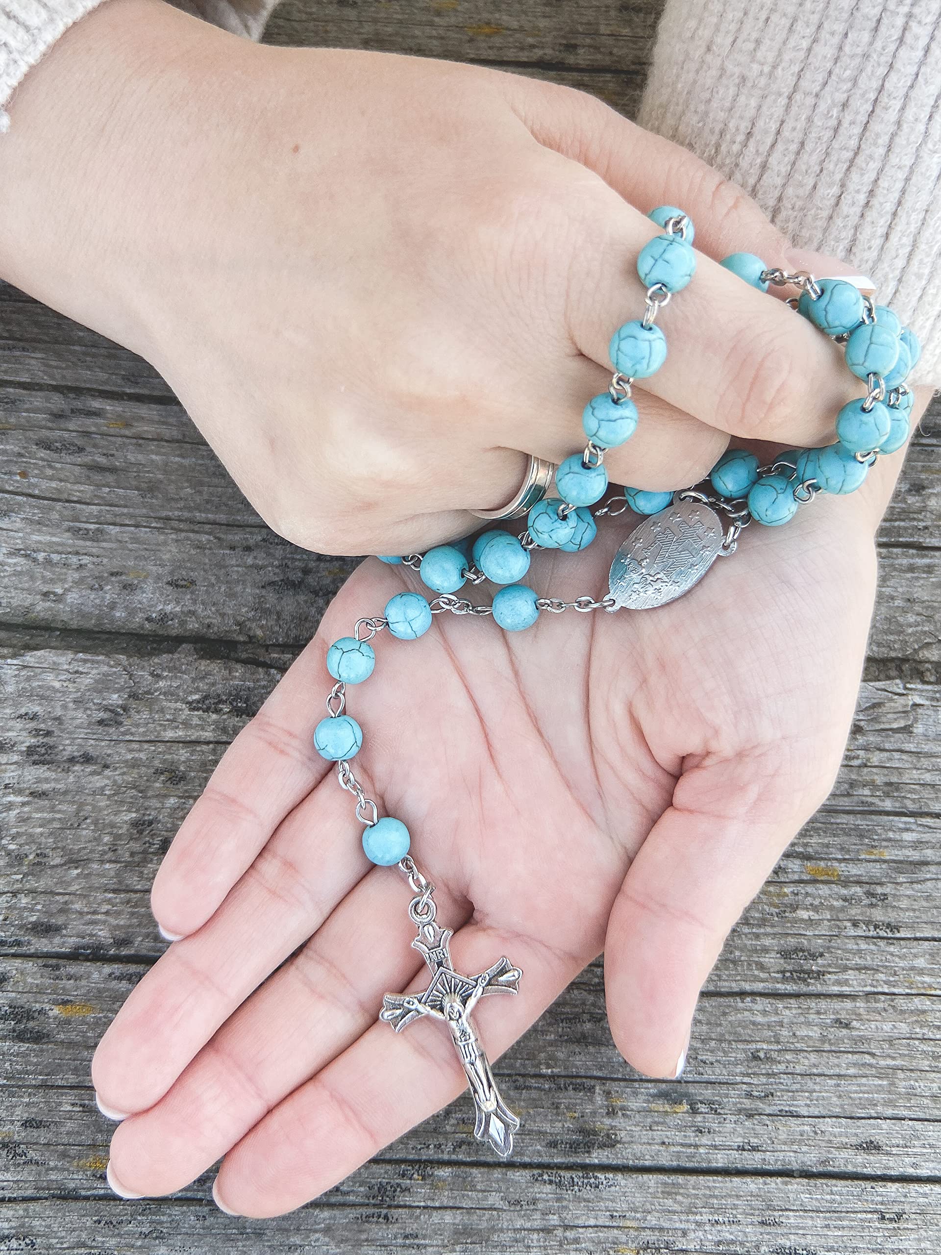 Nazareth Store Sky Blue Marble Stone Beads Rosary Turquoise Beaded Necklace Catholic Miraculous Medal & Jesus Cross