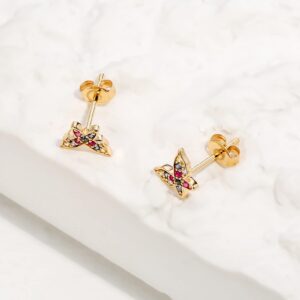 FANCIME Butterfly Studs 14K Solid Yellow Gold Multicolored 0.132ct Sapphire 0.012ct Diamond Small Tiny Cute Stud Earrings for Women Valentines Day Gifts