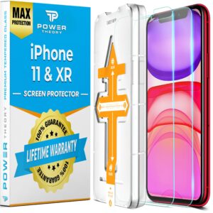 power theory designed for iphone 11, iphone xr screen protector tempered glass [9h hardness], easy install kit, 99% hd bubble free clear, case friendly, anti-scratch, 2 pack