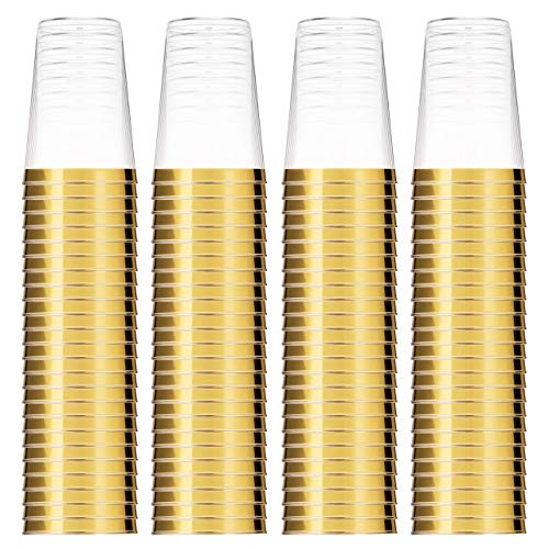 Munfix 100 Gold Plastic Cups 12 Oz Clear Plastic Cups Tumblers Gold Rimmed Cups Fancy Disposable Wedding Cups Elegant Party Cups with Gold Rim