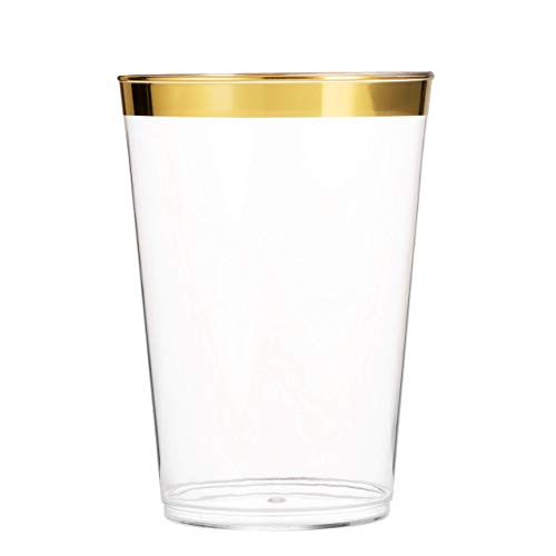 Munfix 100 Gold Plastic Cups 12 Oz Clear Plastic Cups Tumblers Gold Rimmed Cups Fancy Disposable Wedding Cups Elegant Party Cups with Gold Rim