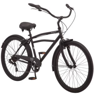 Schwinn Huron Beach Cruiser Bike for Adult, 7-Speed, Front and Rear Linear Pull Brake, 26-Inch Wheels, 17-Inch Step-Over Steel Frame, Full Front & Rear Fenders, Black