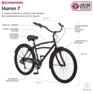 Schwinn Huron Beach Cruiser Bike for Adult, 7-Speed, Front and Rear Linear Pull Brake, 26-Inch Wheels, 17-Inch Step-Over Steel Frame, Full Front & Rear Fenders, Black