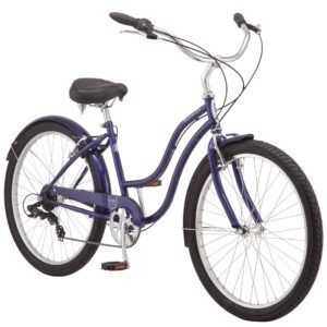 schwinn mikko adult beach cruiser bike, featuring 17-inch/medium steel step-over frames, 7-speed drivetrains, navy