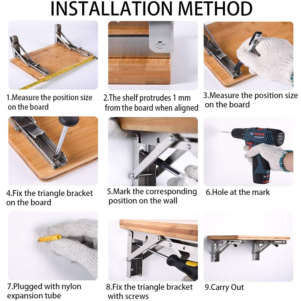 Folding Shelf Brackets - Heavy Duty Stainless Steel Collapsible Shelf Bracket for Bench Table, Space Saving DIY Bracket, Max Load: 550lb （Long :14” , 2 PCS）