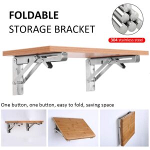 Folding Shelf Brackets - Heavy Duty Stainless Steel Collapsible Shelf Bracket for Bench Table, Space Saving DIY Bracket, Max Load: 550lb （Long :14” , 2 PCS）