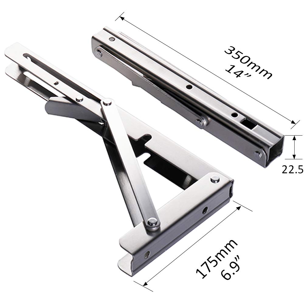 Folding Shelf Brackets - Heavy Duty Stainless Steel Collapsible Shelf Bracket for Bench Table, Space Saving DIY Bracket, Max Load: 550lb （Long :14” , 2 PCS）