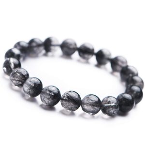 Natural Gemstone Black Rutilated Quartz Crystal Elastic Round Bead Bracelet 10mm