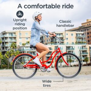 Schwinn Mikko Adult Beach Cruiser Bike, Featuring 17-Inch/Medium Steel Step-Over Frames, 3-Speed Drivetrains, Red