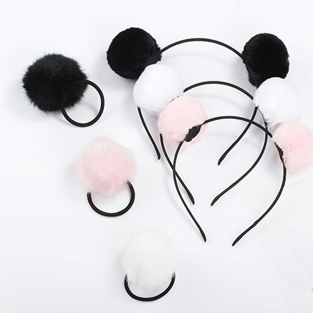 lasenersm 6 Pieces 3 Pairs Fluffy Furry Pom-Ball Headband and Elastic Hair Ties Fuzzy Faux Fur Animal Ears Double Pom-Headband Pom-Ball Hair Band for Girls and Women