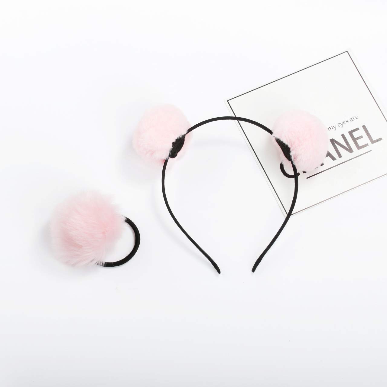 lasenersm 6 Pieces 3 Pairs Fluffy Furry Pom-Ball Headband and Elastic Hair Ties Fuzzy Faux Fur Animal Ears Double Pom-Headband Pom-Ball Hair Band for Girls and Women