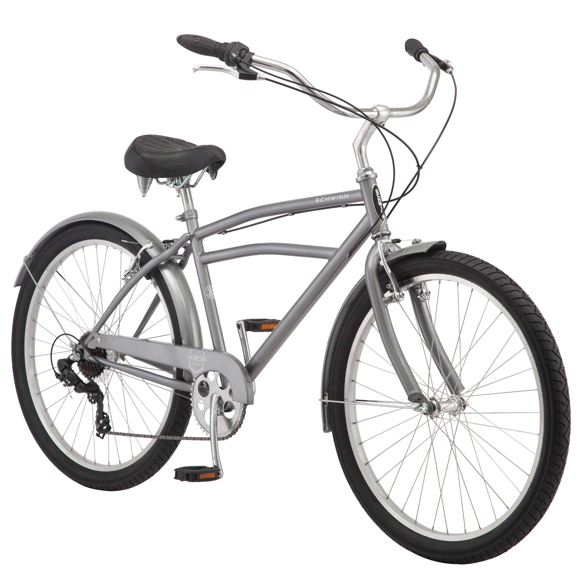 Schwinn Huron Beach Cruiser Bike for Adult, 7-Speed, Front and Rear Linear Pull Brake, 26-Inch Wheels, 17-Inch Step-Over Steel Frame, Full Front & Rear Fenders, Grey