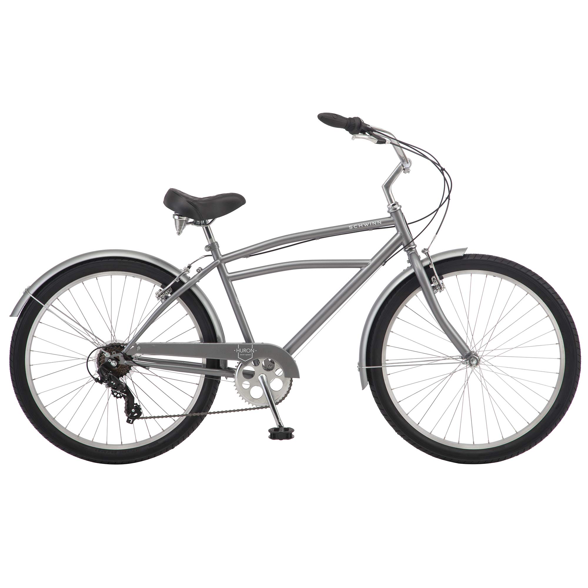 Schwinn Huron Beach Cruiser Bike for Adult, 7-Speed, Front and Rear Linear Pull Brake, 26-Inch Wheels, 17-Inch Step-Over Steel Frame, Full Front & Rear Fenders, Grey