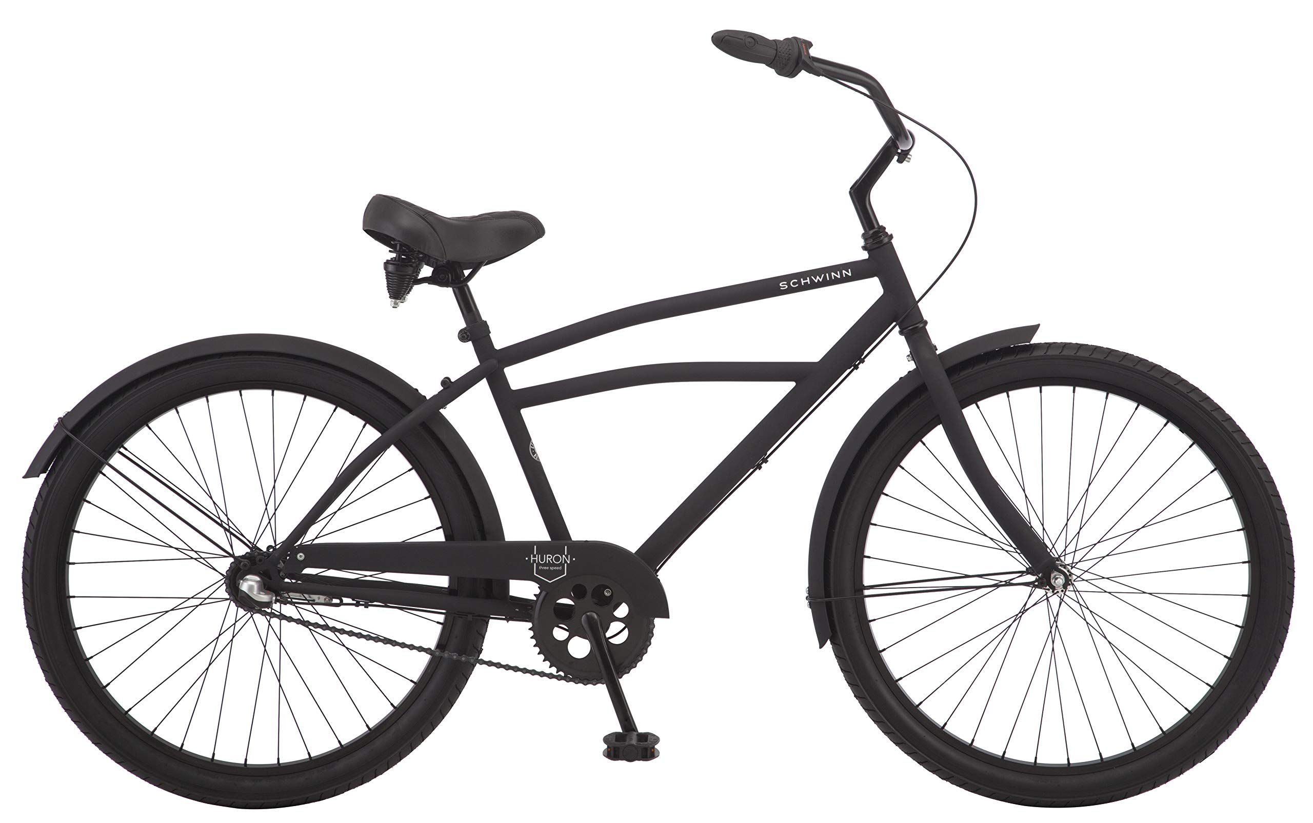 Schwinn Huron Beach Cruiser Bike for Adult, 3-Speed, Coaster Brake, 26-Inch Wheels, 17-Inch Step-Over Steel Frame, Full Front & Rear Fenders, Classic Handlebar, Black