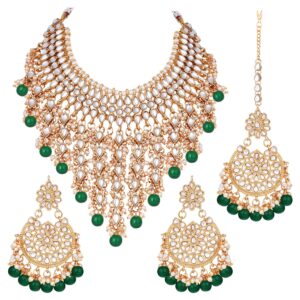 Aheli Elegant Indian Wedding Wear Faux Kundan Studded Choker Necklace with Maang Tikka Set Ethnic Fashion Jewelry for Women (Green Kundan & Pearl Drop)