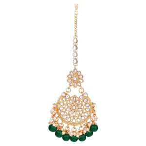 Aheli Elegant Indian Wedding Wear Faux Kundan Studded Choker Necklace with Maang Tikka Set Ethnic Fashion Jewelry for Women (Green Kundan & Pearl Drop)