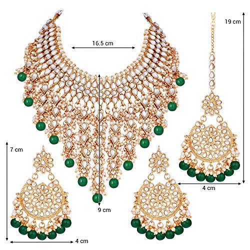 Aheli Elegant Indian Wedding Wear Faux Kundan Studded Choker Necklace with Maang Tikka Set Ethnic Fashion Jewelry for Women (Green Kundan & Pearl Drop)