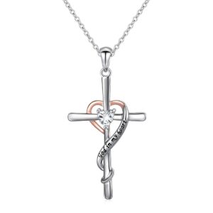 JZMSJF S925 Sterling Silver Faith Hope God in My Heart Cross Pendant Necklace Gift for Women Adults Teens