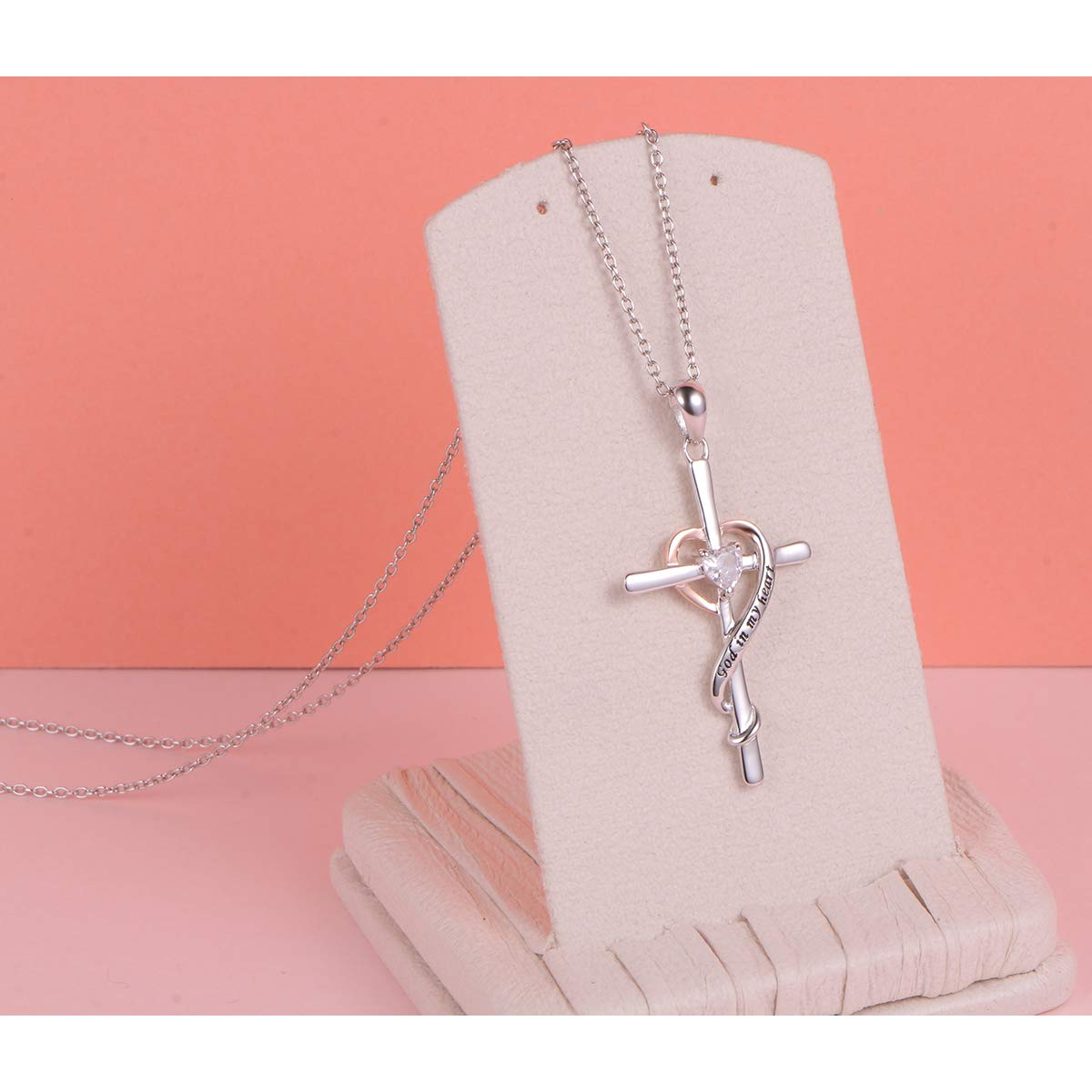 JZMSJF S925 Sterling Silver Faith Hope God in My Heart Cross Pendant Necklace Gift for Women Adults Teens