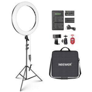 neewer 20-inch led ring light kit for makeup youtube video blogger salon - adjustable color temperature with battery or dc power option, battery, charger, ac adapter, phone clamp and stand included