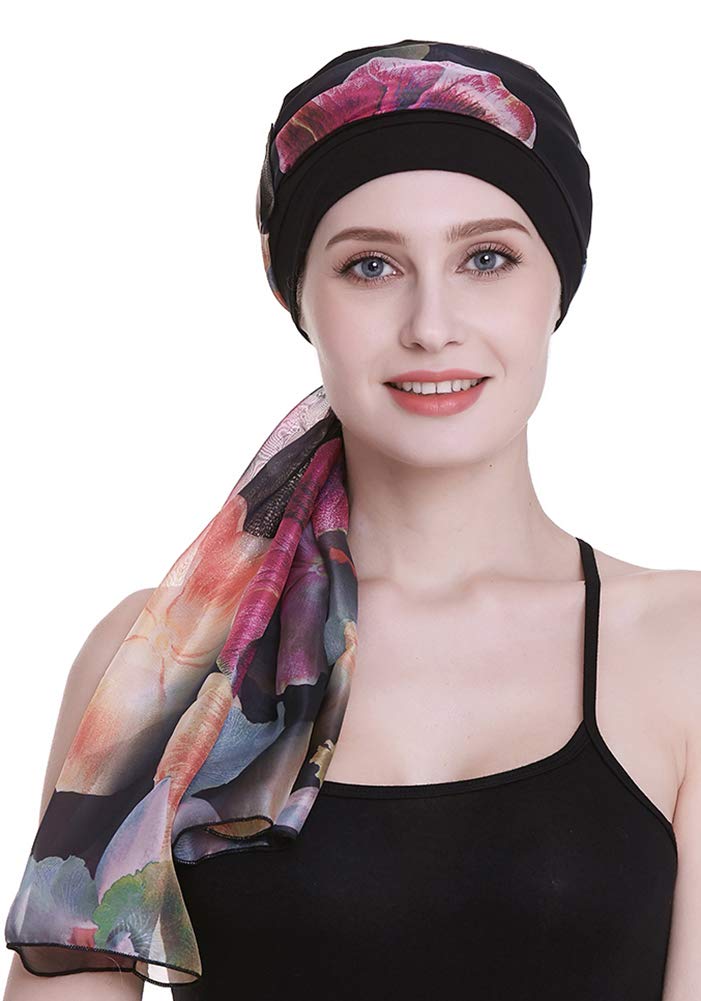 FocusCare Black Chemo Turbans for Alopecia Women Cancer Patients Headwear Medical Cap