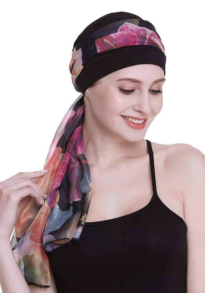 FocusCare Black Chemo Turbans for Alopecia Women Cancer Patients Headwear Medical Cap