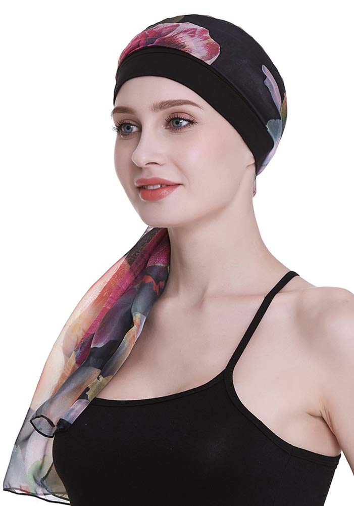 FocusCare Black Chemo Turbans for Alopecia Women Cancer Patients Headwear Medical Cap