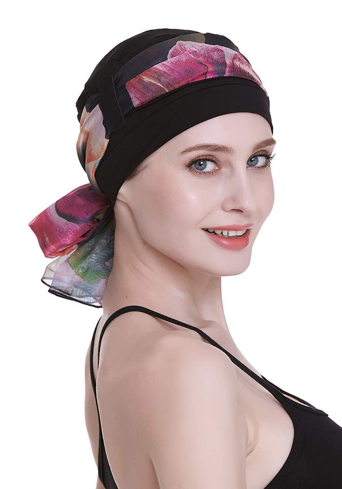 FocusCare Black Chemo Turbans for Alopecia Women Cancer Patients Headwear Medical Cap