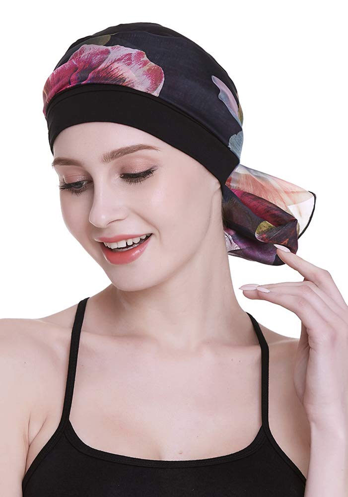 FocusCare Black Chemo Turbans for Alopecia Women Cancer Patients Headwear Medical Cap