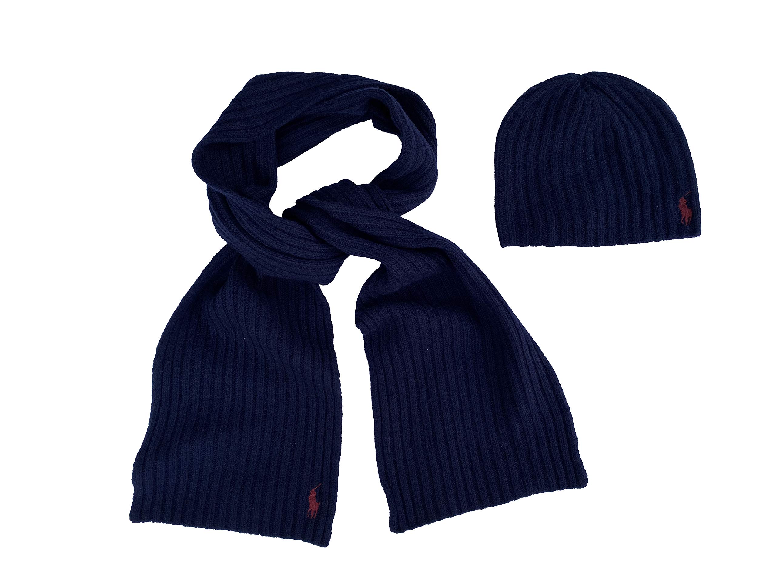 Polo Ralph Lauren Men's 2 Piece Set Hat & Scarf Navy Lambswool Blend