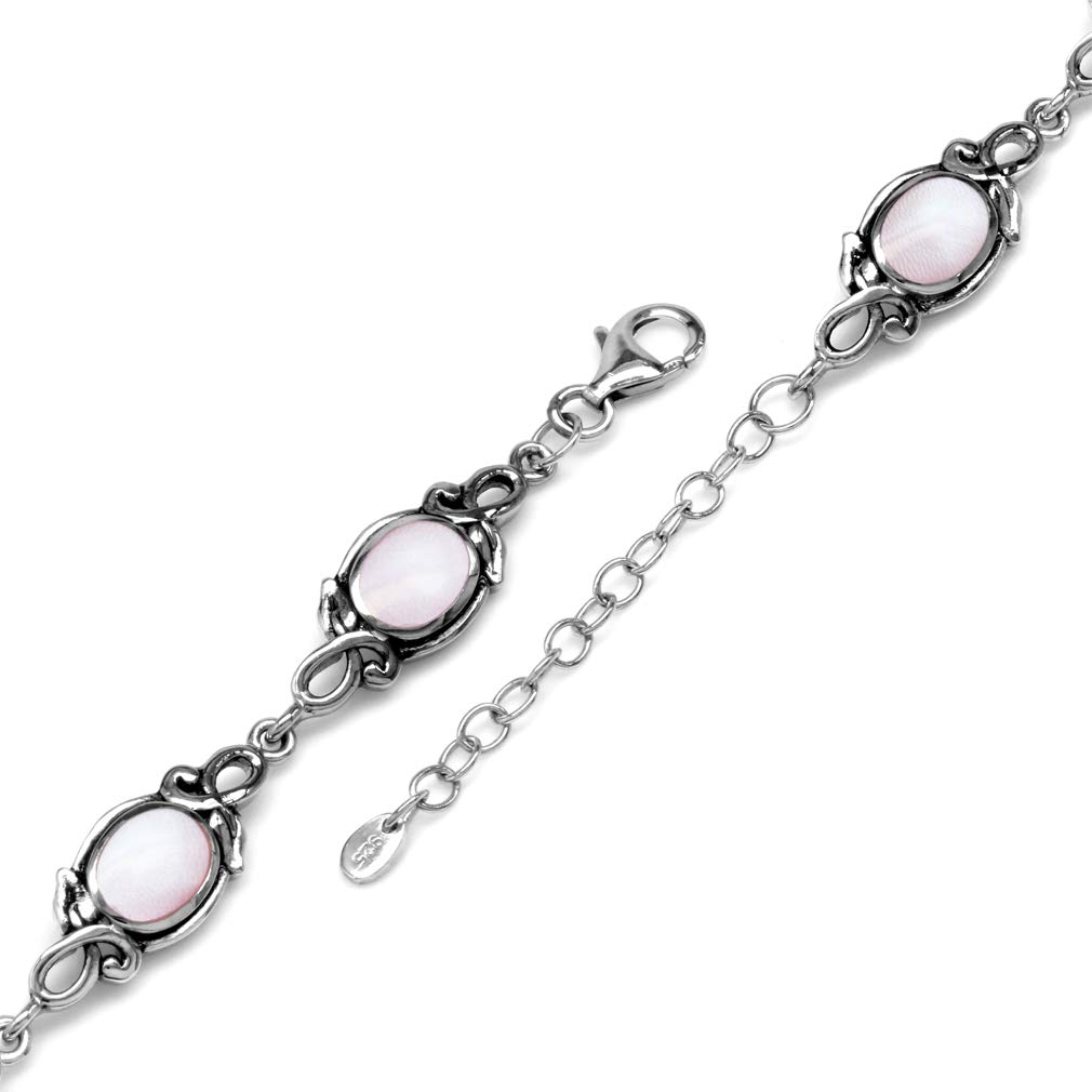 Silvershake 8x6mm Oval Pink Mother of Pearl 925 Sterling Silver Leaf Vintage Inspired 7 to 8.5 Inch Adjustable Bracelet