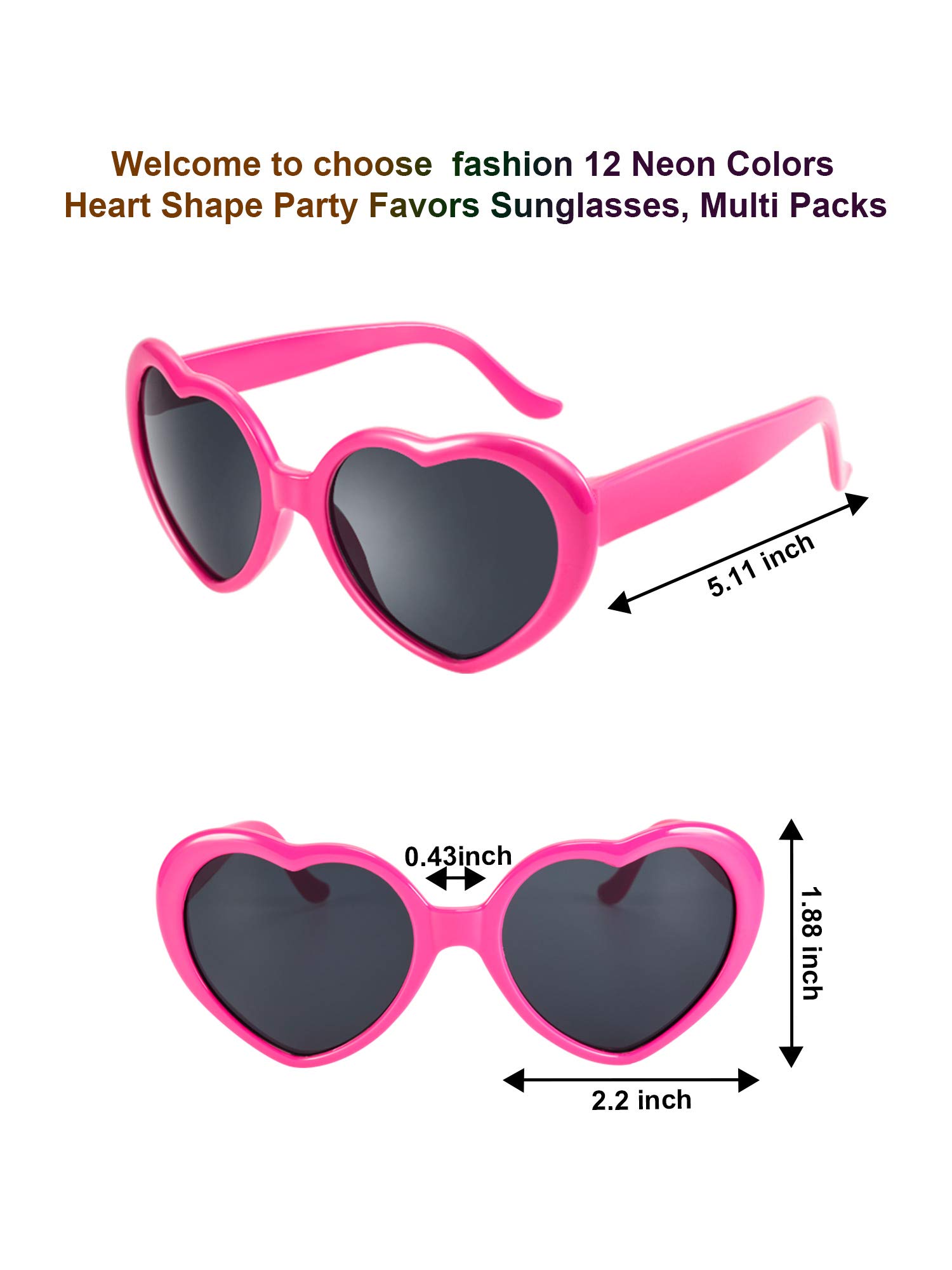 Blulu 12 Pieces Neon Colors Heart Shape Sunglasses for Women Party Favors and Festival (Mixed Color)