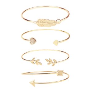 Shareky Women 4pcs Layered Cuff Bangle Bracelet Set Adjustable Stackable Wrap Bangle Open Branch Wire Bangle Gold