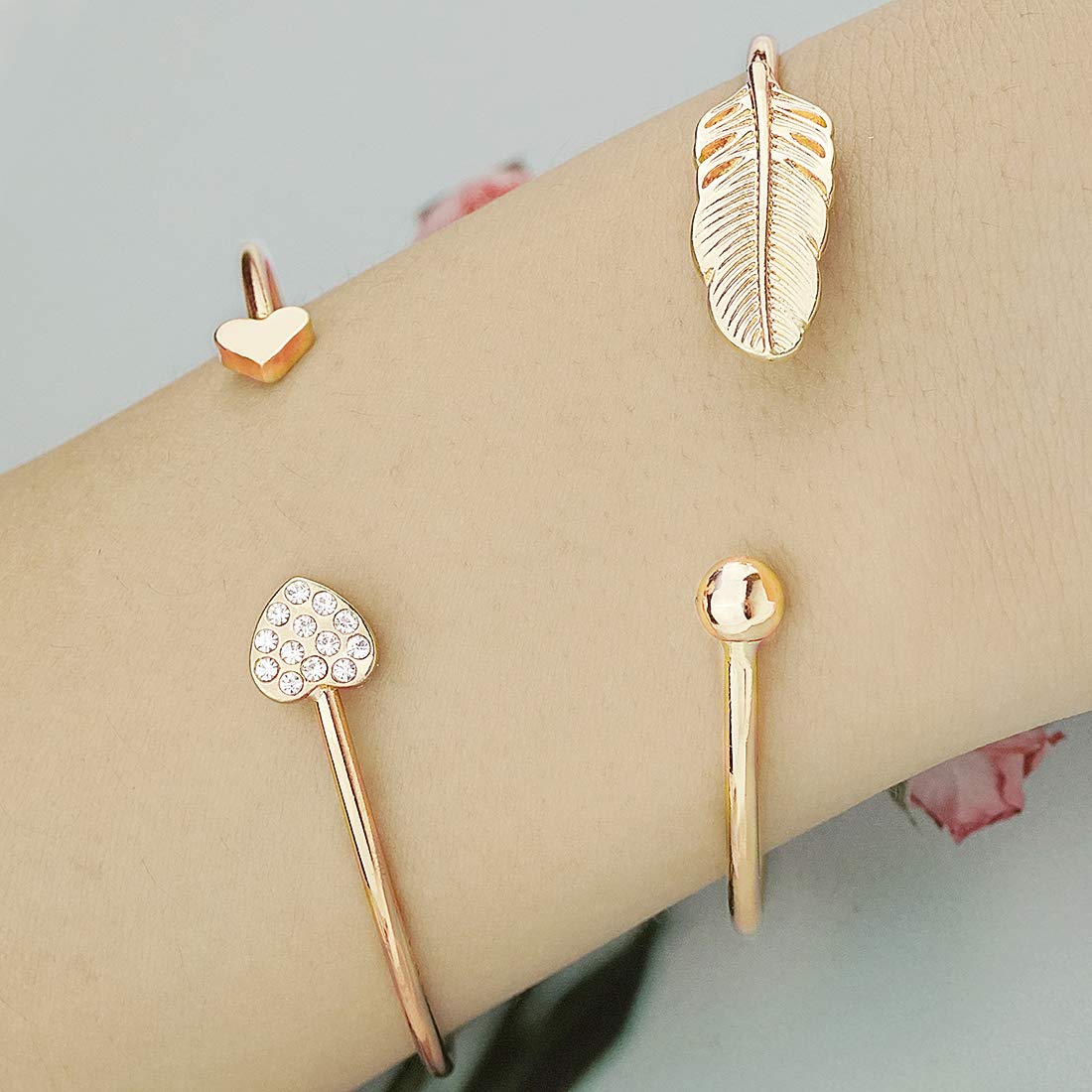 Shareky Women 4pcs Layered Cuff Bangle Bracelet Set Adjustable Stackable Wrap Bangle Open Branch Wire Bangle Gold